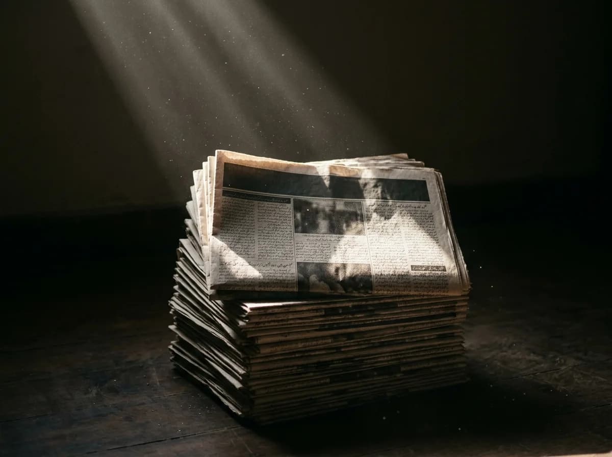 A stack of folded Urdu broadsheets under a shaft of morning light
