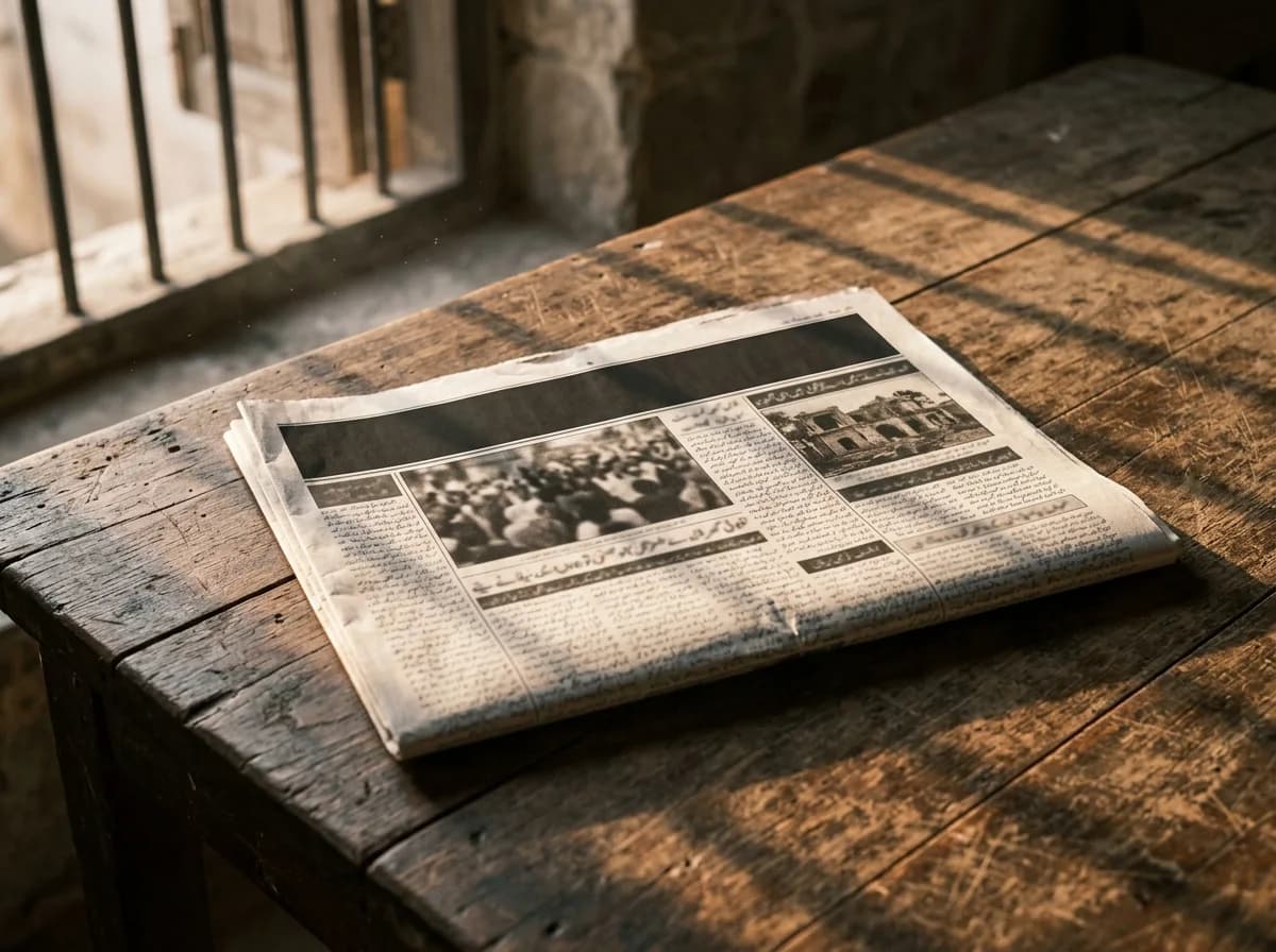 A folded Urdu broadsheet on a wooden table in morning light